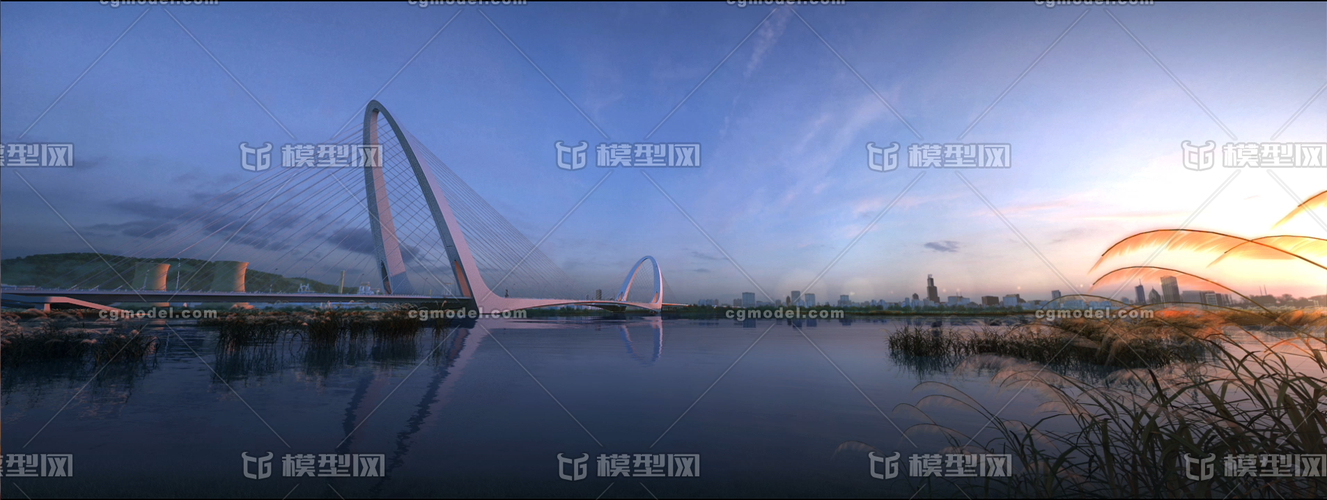 现代桥梁CG场景中的自然韵律 大桥、芦苇与水面